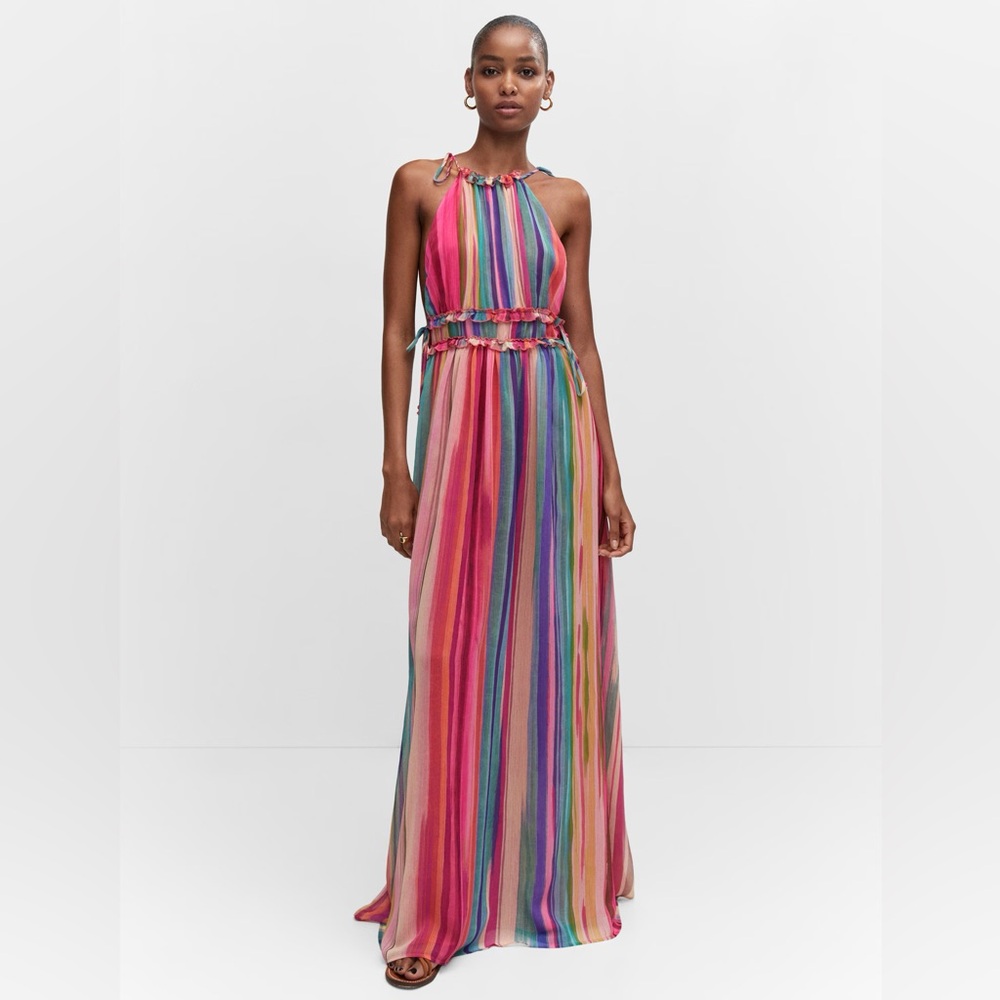 🌈 Mango Striped Long Maxi Dress Halter Tie Straps Multicolor Boho Summer Party